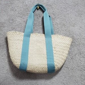 Panama Jack Women's Beige Blue Straw Basket Handbag Tote Beach Casual Nautical
